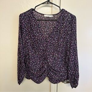 Lush Purple Floral Ruched Long Sleeve Blouse Women’s Extra Large Zipper Detail